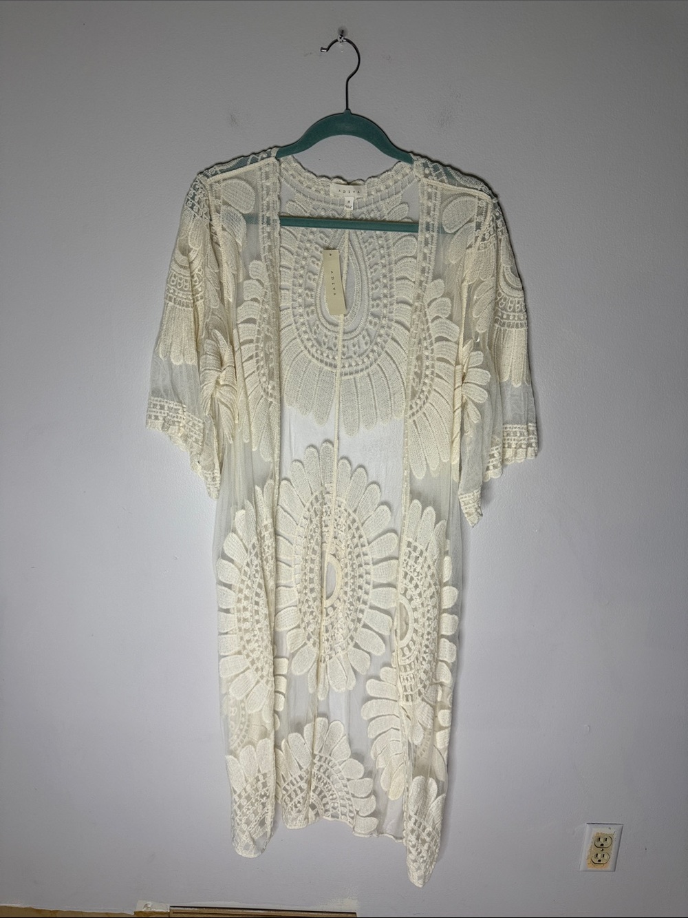 Adiva Cream Crochet Midi Cover-Up Open Front Kimono NEW Medium